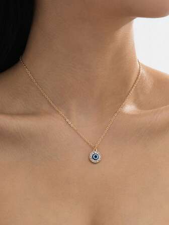 1pc Vintage Fashionable Creative Minimalist Metal Rhinestone Devil's Eye Women Pendant Necklace