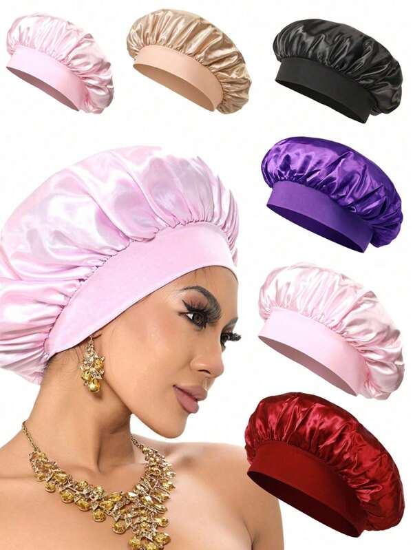 1pc Women Protect Your Hair While You Sleep: Reusable Satin Jumbo Black Bonnet With Wide Elastic Band Silk Bonnet Satin Bonnet