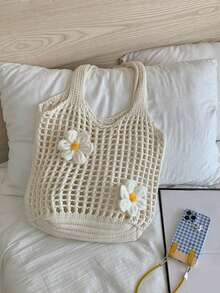 Yogodlns Knitted Tote Bag Woven Hobo Bag Large Capacity Fashion Tote Handbags With Flower Decor Casual Beach Bag Simple Summer Bag Women's Knitted Shoulder Bag Summer Handbag Ins Large Capacity Shopping Tote Bags Woven Hollow Mesh Beach Bags Cool Girl - Beige - View 2