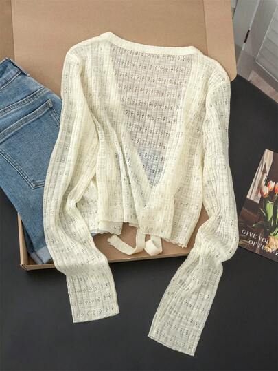 Tie-Up Cardigan Sheer Hollow Out Long Sleeve Knit Sweater, Cropped Top For Back To School Season