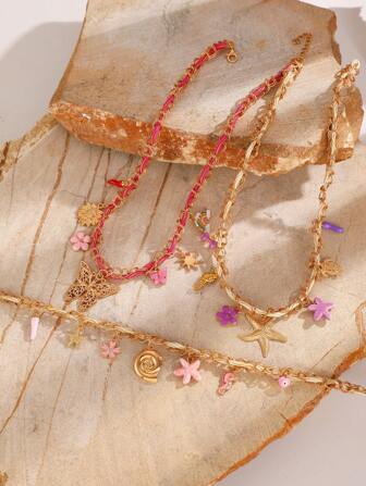 1 pièce Collier style bohème avec chaîne en corde, pendentifs de coquillage, étoile de mer, tortue de mer et thème océanique. Convient pour le port pendant les vacances pour femmes
