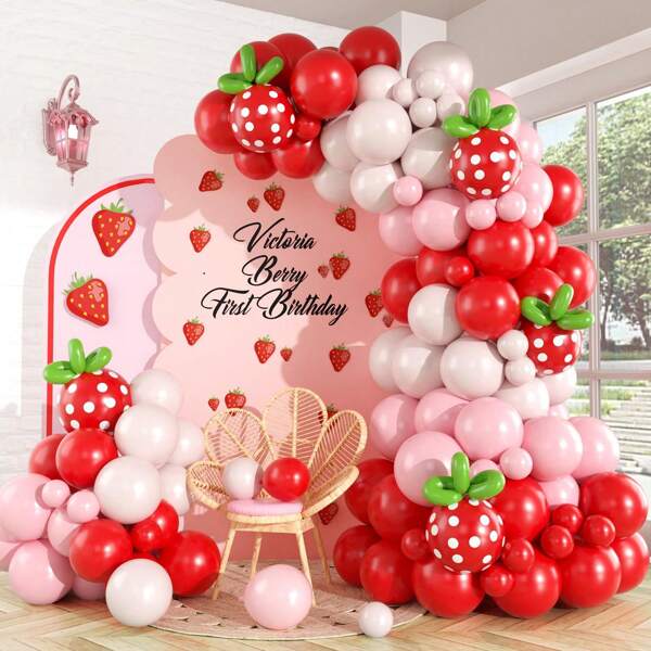Strawberry Balloon Arch Garland Kit, Red And Hot Pink Balloons With Strawberry Printed And Green Long Latex Balloons For Sweet One Berry First Birthday BabyShower Princess Decoration Supplies