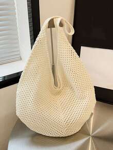 Yogodlns 时尚女士镂空编织单肩包大容量针织腋下包纯色钩针托特包夏季网眼沙滩包休闲大容量棉织包镂空设计单肩包女旅行度假沙滩包 - 米色 - 查看 8
