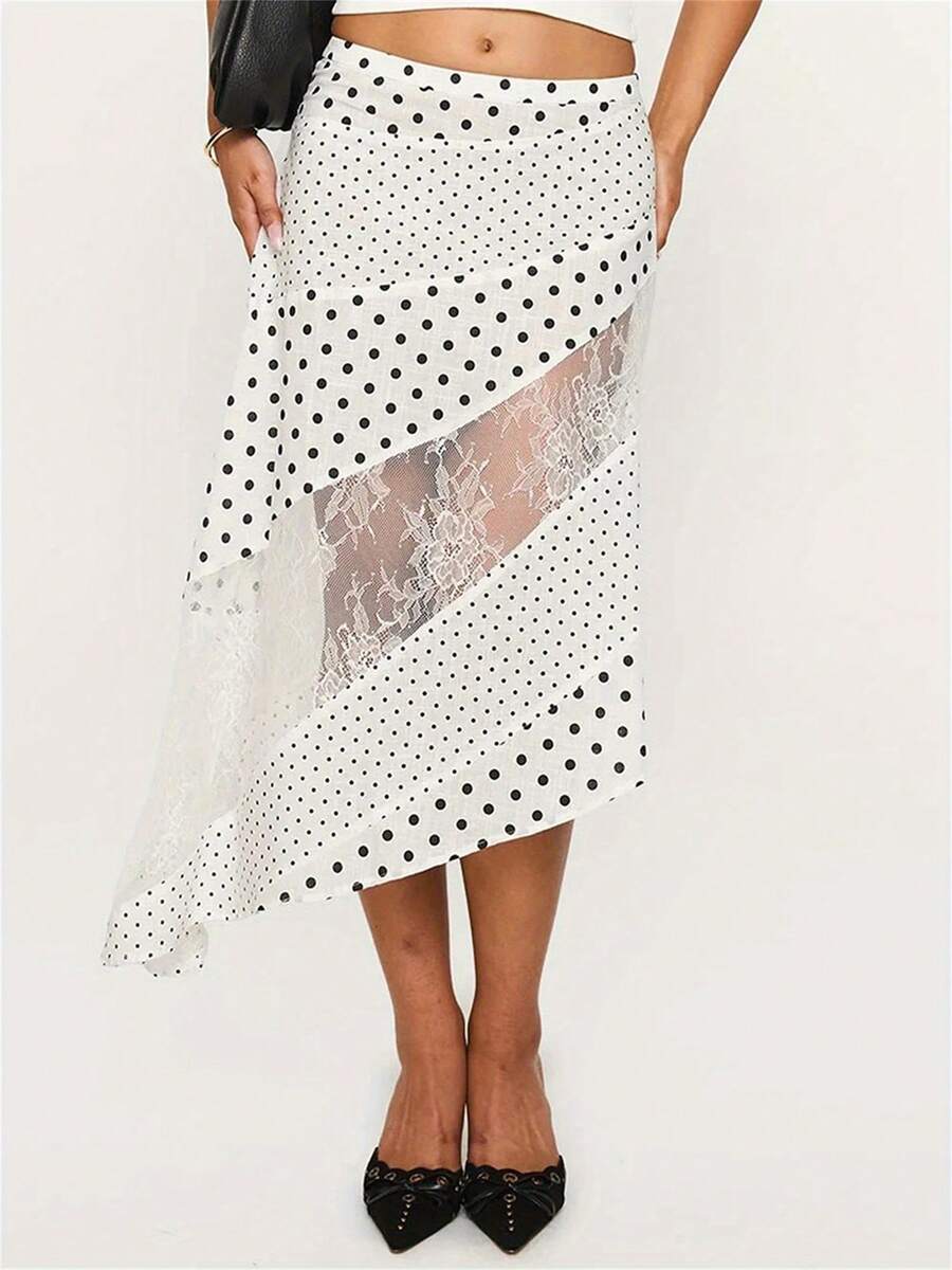 Women's Flowy Midi Skirt Vintage Low Waist Floral/Dots Print Long Skirt Lightweight Fall Skirt - 白色 - 查看 1