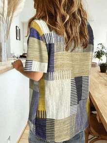 Patchwork Button Graphic Print Short Sleeve Casual Retro Shirt - Blue and Yellow Stitching - View 4