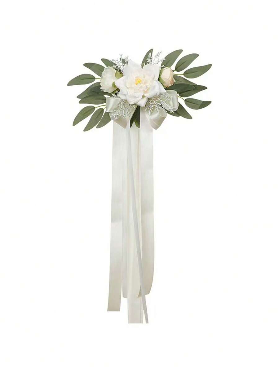 1pc Western Style Outdoor Venue Decor Chair Back Flower, Artificial Flower Decoration For Wedding Party, Plastic Satin Flower For Wedding Car Rearview Mirror, Door Handle, Aisle Decor, Bamboo Chair Fake Flower, Wedding Holiday Decor Boutonniere - Multicolor - View 1