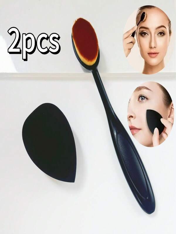 2pcs/Set Brush&Sponge Makeup Set - Suitable For Mixing Liquid, Blush, Contour, Cream Or Powder Cosmetics, Create Lightweight Seamless Makeup Effect, Soft Nylon Bristles, Ergonomic ABS Handle, Suitable For Normal Skin Tone, Soft Water Drop Makeup Sponge Set - Fragrance-Free, Hydrophilic Polyurethane , Suitable For Perfect Foundation, Powder And Concealer Application
