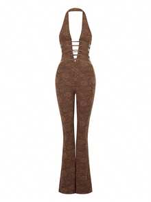 Women Lace Jumpsuits Halter Neck Cross Backless Sleeveless Long Rompers Summer Slim Playsuits Clubwear - Dark Brown - View 7