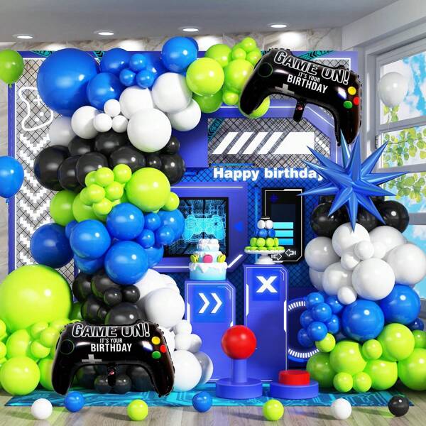 Video Game Balloon Arch Garland Kit With Gamer Controller Foil Balloons Blue Green Black White Latex Balloons Explosion Star Balloon For Gaming Night Birthday BabyShower Party Decorations