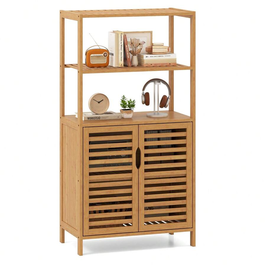 Bamboo Cabinet 5-Tier Bookshelf With Open Shelves And Doors-Natural - Khaki - View 1