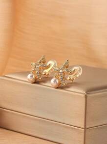 1 par de brincos de cristal estrela do mar e pérola falsa com clipe para mulheres, acessórios elegantes e elegantes para uso diário e presentes