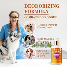 Shampooing pour animaux de compagnie 3-en-1 avec vitamine E - nettoie en profondeur et nourrit, élimine la saleté et l'huile, améliore la peau sèche et rugueuse de couleur beige clair, hydrate pour les chiens et les chats, utilisation quotidienne, formule nettoyante, ingrédients nourrissants