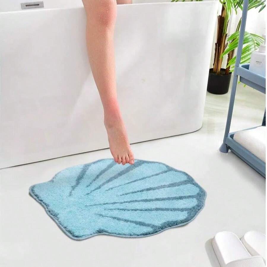 1件装毛绒扇贝形浴室地垫 - 仿羊羔绒材质，TPR防滑，可机洗，蓝白贝壳图案，柔软蓬松的仿羊羔绒材质，适用于浴室、卧室、厨房、办公室、游戏室 - 装饰地垫，浴室地垫，厨房装饰，厨房地毯 - 彩色 - 查看 1