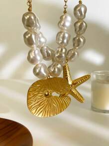 Colar com pingente de estrela do mar e folha de lótus, exclusivo, assimétrico, de aço inoxidável, inspirado no Barroco, para mulheres