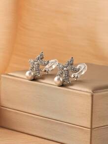 1 par de brincos de cristal estrela do mar e pérola falsa com clipe para mulheres, acessórios elegantes e elegantes para uso diário e presentes