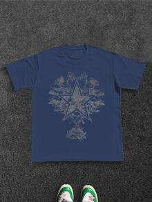 Stylish Heavy Cotton Men's TShirt 220gsm Pure Cotton With Unique Star & Floral Distressed Design Ideal Gift For Father's Day Perfect For Casual Wear Suitable For Men Aged 2555. - 藍色 - 查看 1