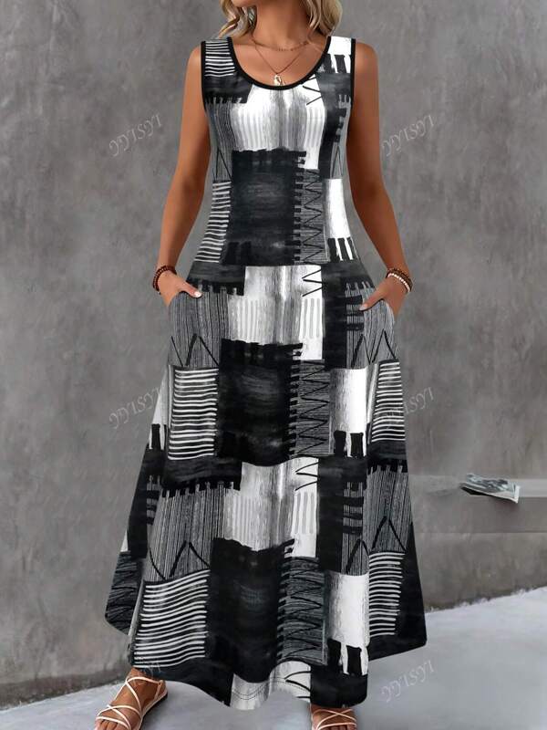 Große Größe Sommerkleidung für Damen, Kleid mit floralem Muster, Rundhalsausschnitt, ärmellos, Taschen, Lässig, Urlaubskleid, einfach und modisch, Boho-Urlaubsstil, figurformend