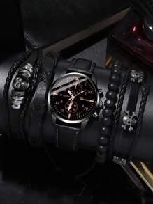 5 Stücke modische businesskasual Herren Uhr, runde Quarzuhr mit Fake-Drei-Augen-Design, kombiniert mit Totenkopf-PU-geflochtenem Armband und Holzperlen-Armband Set, geeignet für den täglichen Lässig-Stil und Urlaubsoutfits, das perfekte Geschenkset für Männer.