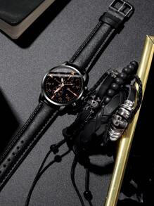 5 Stücke modische businesskasual Herren Uhr, runde Quarzuhr mit Fake-Drei-Augen-Design, kombiniert mit Totenkopf-PU-geflochtenem Armband und Holzperlen-Armband Set, geeignet für den täglichen Lässig-Stil und Urlaubsoutfits, das perfekte Geschenkset für Männer.