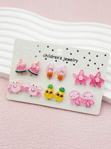 12 pièces/set Boucles d'oreilles clip mignonnes d'animaux et de fruits sans douleur pour filles, accessoires de bijoux en résine de bande dessinée mignonne, port quotidien