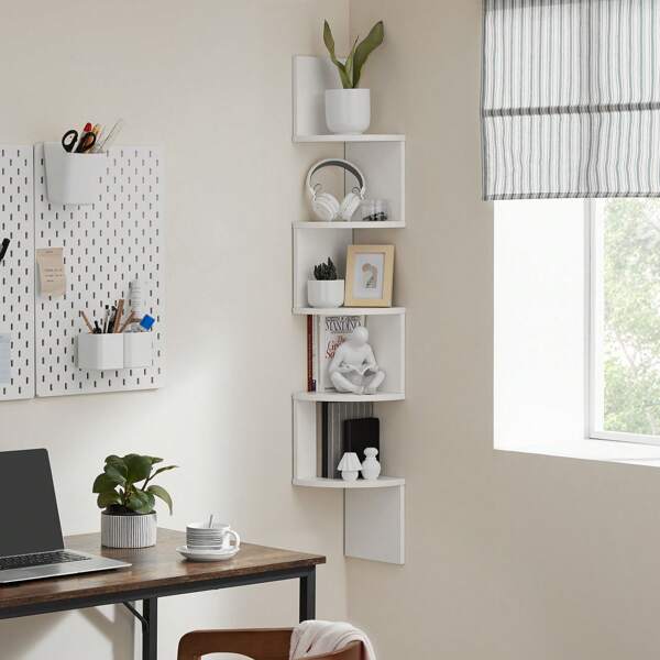 Libreria Angolare, Mensola Angolare da Muro, Scaffale da Parete a 5 Ripiani, in Camera da Letto Soggiorno Bagno Studio, Porta Piante,  Bianco Nuvola
