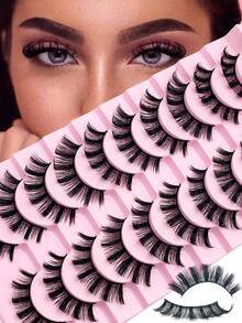 10 Pairs Russian Strip Lashes Fluffy Mink Lashes 3D False Eyelashes Russian Volume Eyelashes Fake Eyelashes Dramatic Messy Mink Lashes Wispy Long Foxy Eye Lifting Look Eyelash Extension Kit Full Eyelash Strip To Lengthen And Volumize The Outer Corner Of Your Eye Beauty Makeup - 俄羅斯條狀假睫毛 - 查看 1