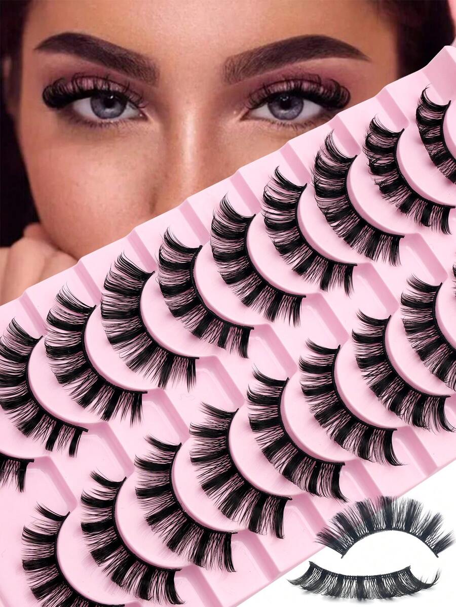 10 Pairs Russian Strip Lashes Fluffy Mink Lashes 3D False Eyelashes Russian Volume Eyelashes Fake Eyelashes Dramatic Messy Mink Lashes Wispy Long Foxy Eye Lifting Look Eyelash Extension Kit Full Eyelash Strip To Lengthen And Volumize The Outer Corner Of Your Eye Beauty Makeup - 俄羅斯條狀假睫毛 - 查看 1