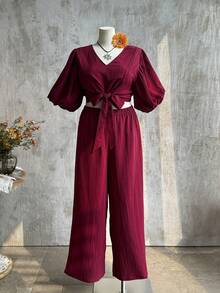 Rusttydustty Plus Size 2 Pieces Set Puff Sleeve Crop Top And High Waist Wide Leg Pants For Summer Casual Wear Boho Western Women Clothes - Burgundy - View 3