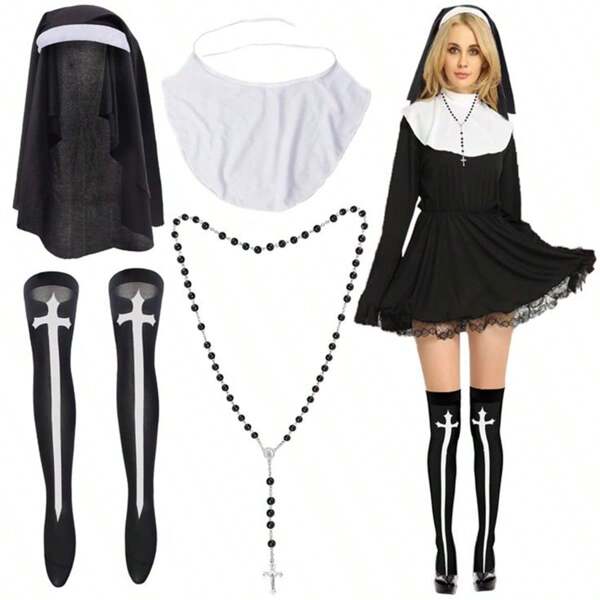 Holiday Party Role Play Costume Set, Theatre Stage Photography Prop, Everyday Cosplay Outfit, New Cross Pendant, Cross Socks, Headband, Scarf Set