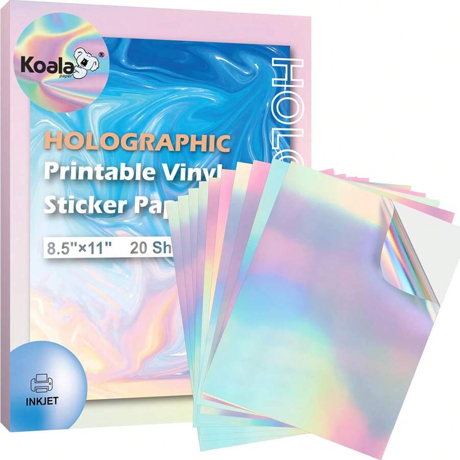 20 hojas de 8"X11.7" de papel de etiquetas adhesivas holográficas imprimibles con tinta - Papel de etiquetas adhesivas de vinilo resistente al agua con colores vibrantes, resistente al desgarro, útiles escolares, de vuelta al cole - arcoíris - Ver 1