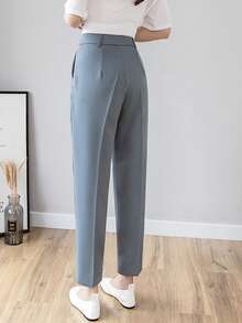 Mujeres de color sólido plisado adelgazamiento elegante de cintura alta recta Meyad Traje Pantalones, Festivo / Fiesta / Reunión / Año Nuevo desgaste, Oficina Ropa Casual - Azul - Ver 3