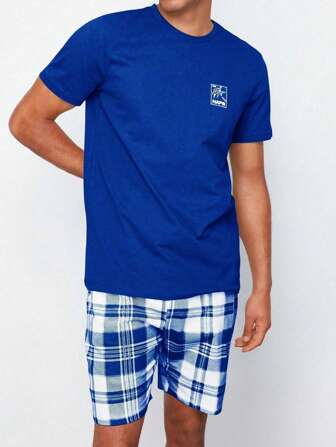 2pcs/Set Men's Short Sleeve Top & Shorts Pajama Set, Thin Plaid Print Round Neck Sleepwear, Summer, Cool Light Blue