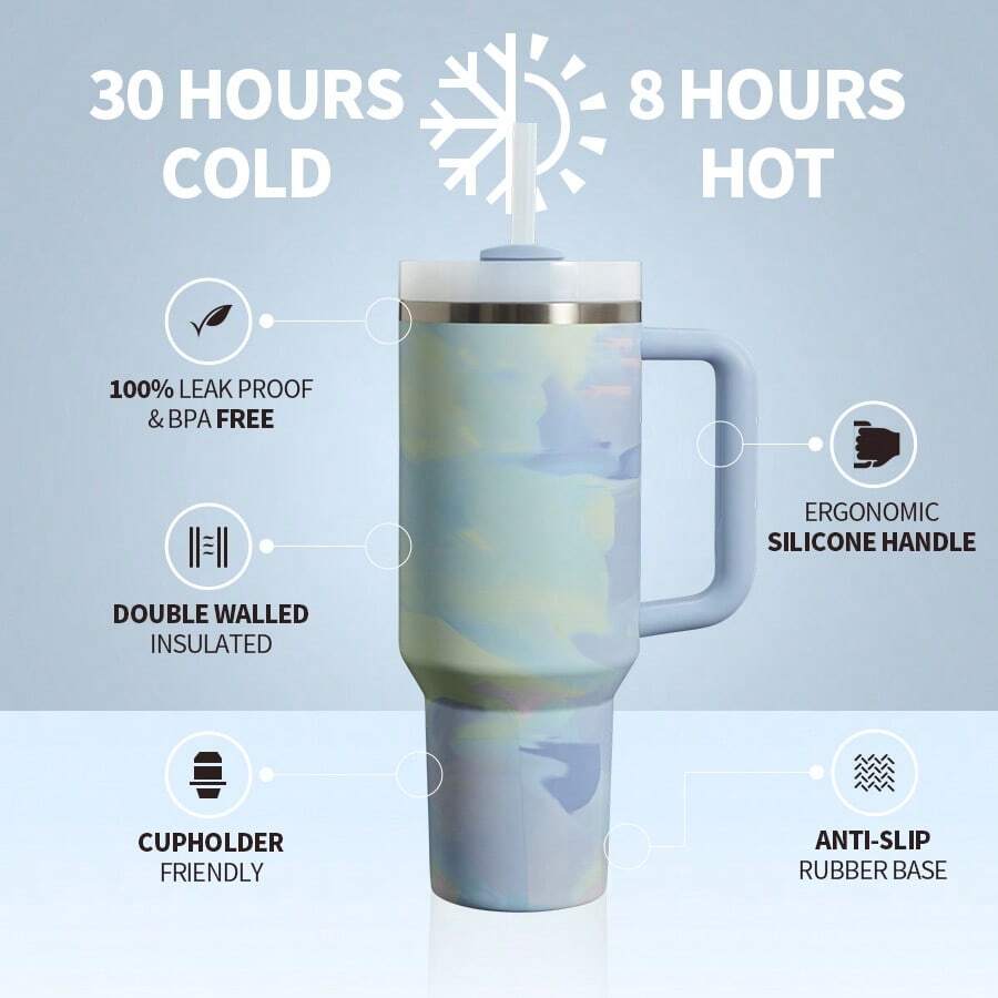 Compatible With Stanley 40 Oz H2.0 Tumbler With Handle, Double Walled Vacuum Insulated Stainless Steel Water Bottle Premium Summer Drinkware Portable Handy Flask Travel Mug Iced Coffee Cup For Outdoor Camping, Hiking, Driving, Travel, Perfect Gift Idea - 瑪卡藍 - 查看 1