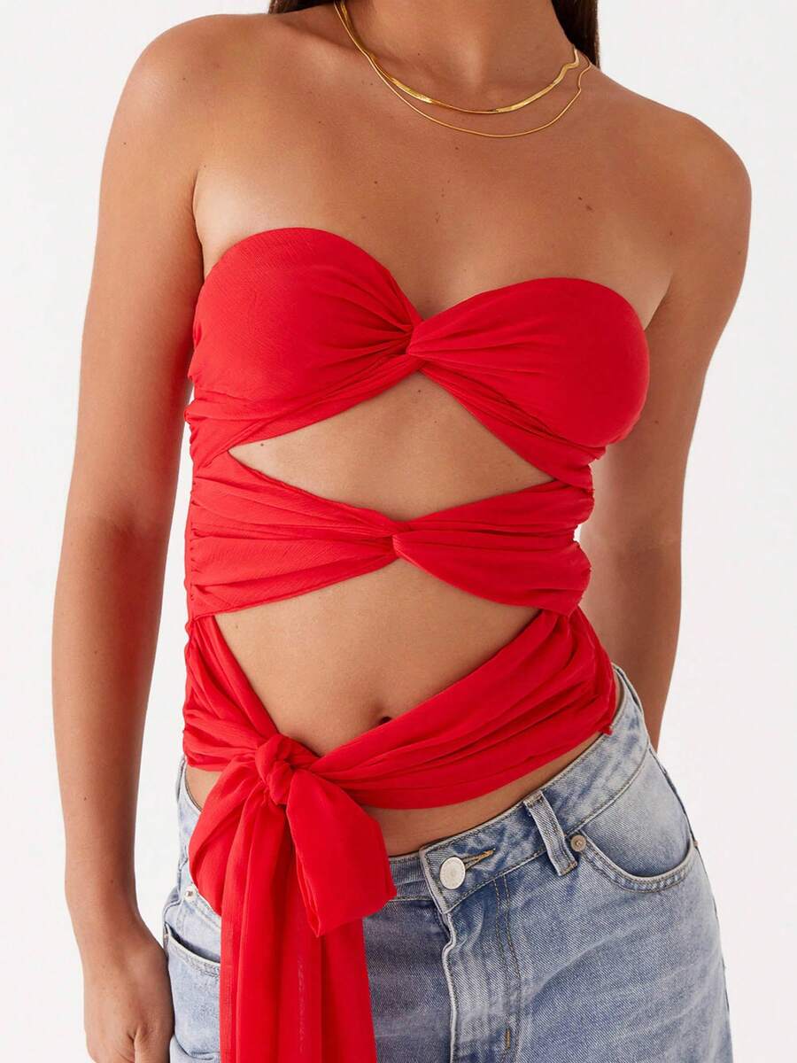 Women's Cut Out Tube Tops Ruched Strapless Bandeau Tops Y2K Sleeveless Twist Front Tie Knot Slim Fit Crop Top Coquette Summer Going Out Tops - 酒紅色 - 查看 1