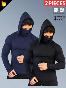2pcs Men's Outdoor Sports Hooded Face Mask Tight Jumpsuit, Men's Running, Cycling, Fishing, Casual Long Sleeve