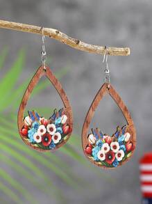 1 Pair New American Independence Day Themed Wooden Water Drop Earrings, Hollow Earrings With Flag & Rooster Design, Fashion Jewelry Gift For Friends