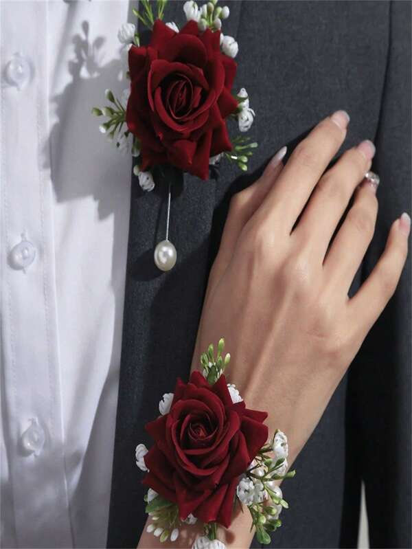 2pcs Elegant Rose Flower Garland And Wrist Corsage Set, Suitable For School Events, Parties, Wedding Decorations