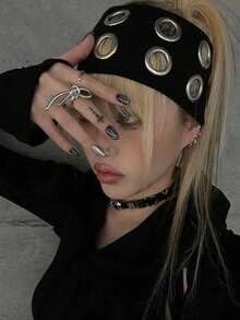 1条女士朋克风金属孔眼柔软弹力宽发带，弹力金属宽边休闲发饰，适合甜美酷炫的街头风，Y2K风格。头巾式发带，秋冬季度假发带，女士优雅围巾，女士头巾，柔软头巾 - 彩色 - 查看 8