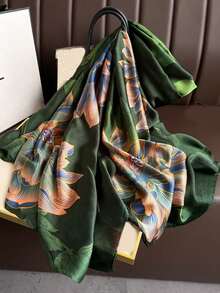 1pc Women Silky Long Scarf With Floral Print For Dress - Green - View 2