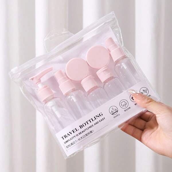 7pcs Travel Separate Bottles Set, Clear PET Safe Flight Size Cosmetic Containers, Perfume Bottle, Cream Jar, Spray Bottle, Suitable For Perfume, Lotion, Shampoo, Cream, Soap, With Pump Head And Leak-Proof Design, Travel Accessory (Random Card)