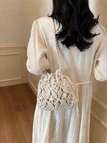 1pc Hollow Weaved Bucket Crossbody Bag, Women New Small Woven Bag, Unique Beach Vacation Style Shoulder Bag, Fashion Chic Envelope Bag