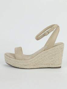 Women's Chunky Platform Wedge Sandals, Retro Woven Slip-On Mules With Ankle Strap, Bohemian Summer Vacation High Heel Shoes - Apricot - View 7
