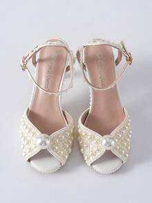 8厘米露趾高跟仿珍珠白色婚礼派对凉鞋，仿珍珠装饰镂空铆钉绑带细高跟新娘凉鞋，手工白色仿珍珠搭扣高跟凉鞋，适合舞会、周年纪念、婚礼、毕业典礼、圣诞节、冬季圣诞礼物 - 米色 - 查看 5
