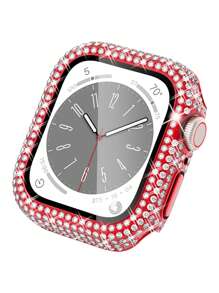 1 pieza Estuche con protector de pantalla de cristal templado antiarañazos y ultrafino con decoración de rhinestones brillantes en color rojo para hombres y mujeres, compatible con Series SE/1/2/3/4/5/6/7/8 de 38/40/41/42/44/45/46mm