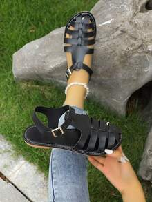 2025 New Retro Casual Flat Sandals, Breathable Woven Hollow Out Roman Shoes - Black - View 2