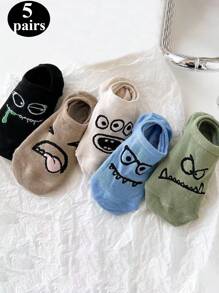 5 Pairs Women Cartoon Expressive Graphic Casual Short Socks, Summer Thin Silicone Anti-Slip Invisible Ankle Socks