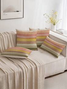 2 件 2D 印花枕套，亚麻抱枕套，时尚粉色、黄色和绿色条纹设计，适用于沙发、家居装饰、床或椅子装饰，柔软涤纶面料，拉链开合，可机洗，沙发枕头 - 彩色 - 查看 2