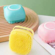 1pc Pet Shampoo Brush And Bath Brush, Silicone Massage Rubber Bath Comb With Shampoo Storage Device, Suitable For Dog And Cat Grooming Tools, Scrubbing And Bathing Cleaning Tools (Random Color Shipping)