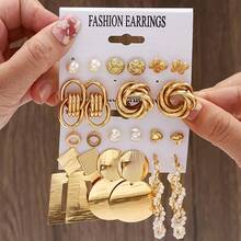 2025 New 10/22 Vacation Simple Exaggerated European And American Gold Style Butterfly Flower Twisted Polygon Imitation Pearl Women's Earrings Stud Set Women's Party Travel Holiday Essential Date - 金色 - 查看 1