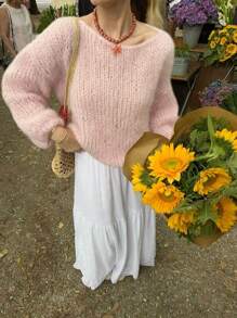 Women's Casual Loose Solid Color Lantern Sleeve Design Sweater, Suitable For Home, Daily, Travel, Autumn/Winter